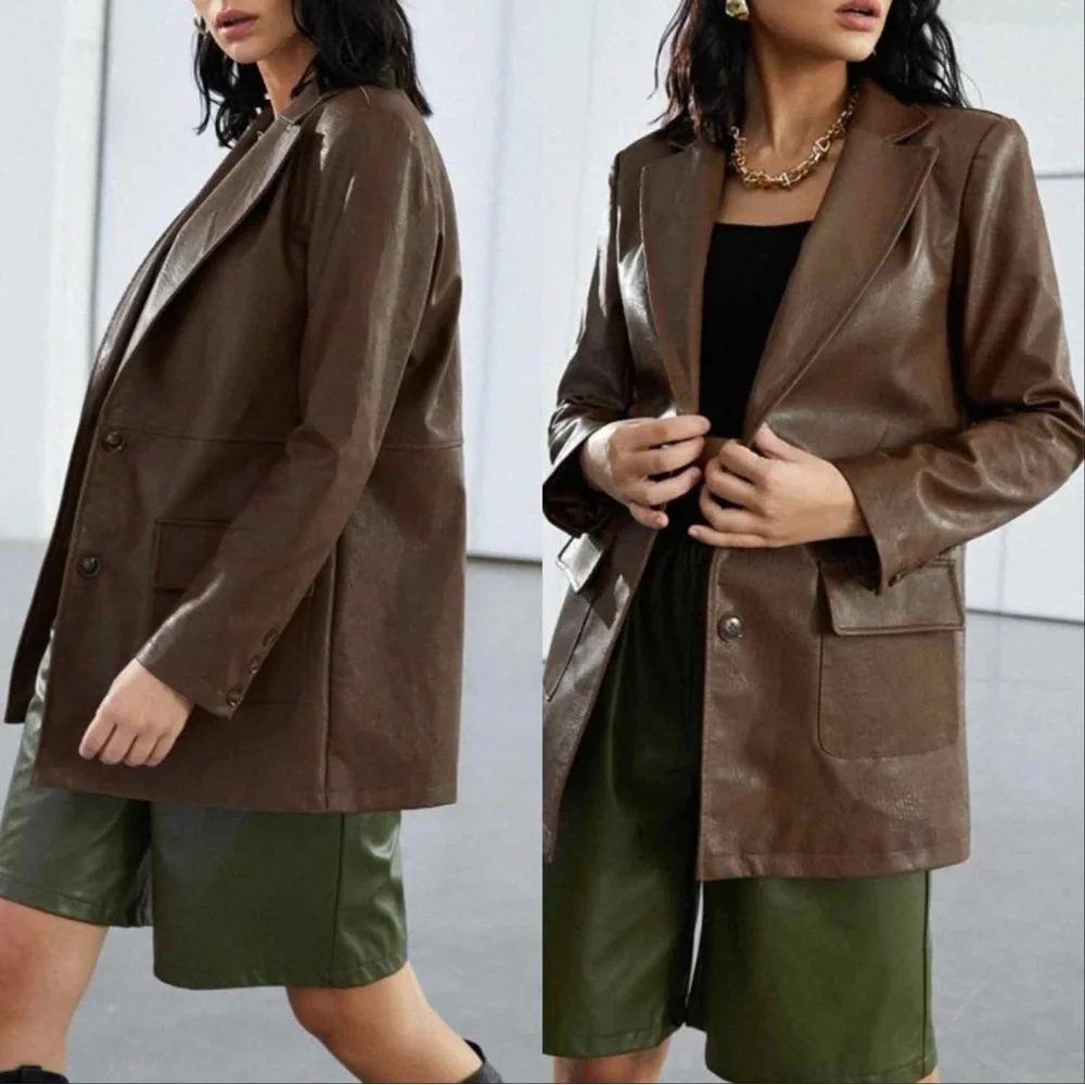 OVERSIZED  FAUX LEATHER BLAZER IN BROWN - Picture 5 of 11